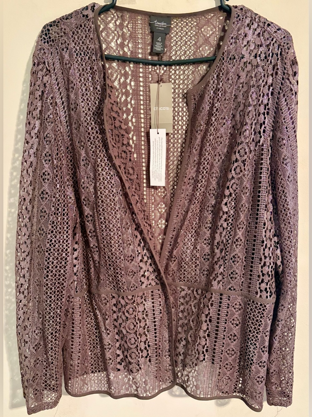 NWT Womens Chicos Travelers Collection Dusty Mauve Crushed Lace Cardigan Sz4/2XL
